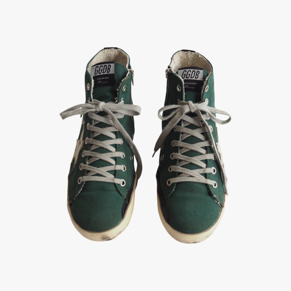 (RARE) GOLDEN GOOSE | CANVAS “FRANCY” GREEN WHITE HIGH TOP SNEAKERS - Picture 3 of 9